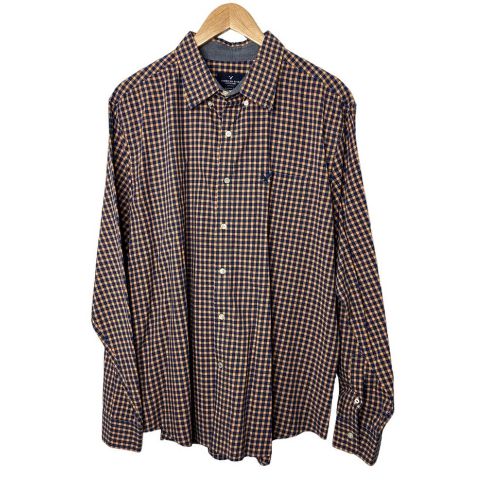 American Eagle Outfitters Classic Fit Orange & Navy Plaid Button Up Shirt Sz XL